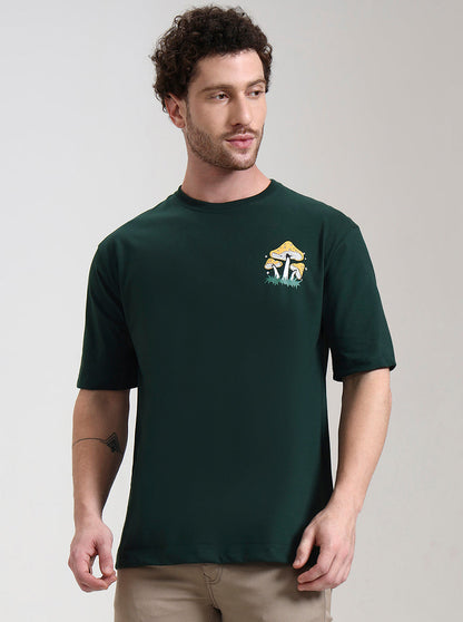 Bottle Green Printed Oversize Fit T-Shirt | Greenfibre