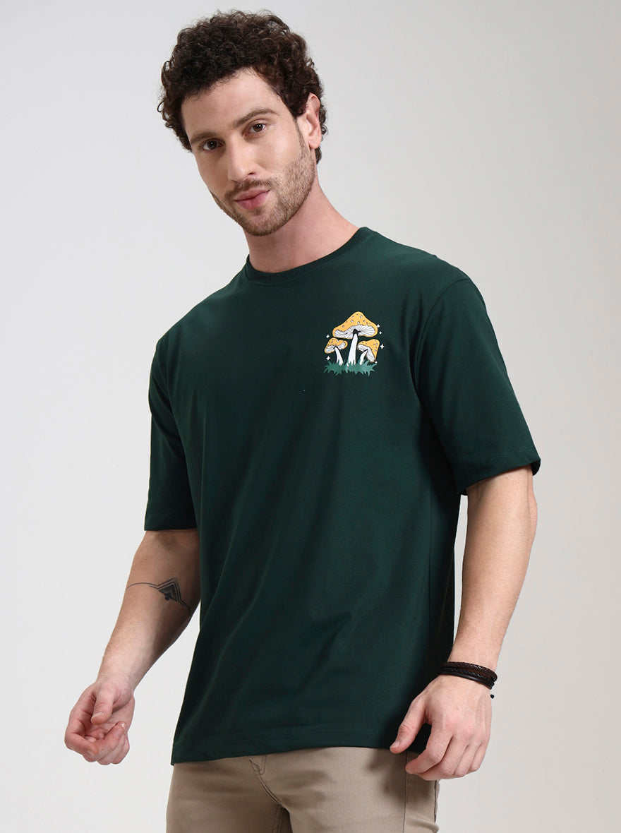 Bottle Green Printed Oversize Fit T-Shirt | Greenfibre