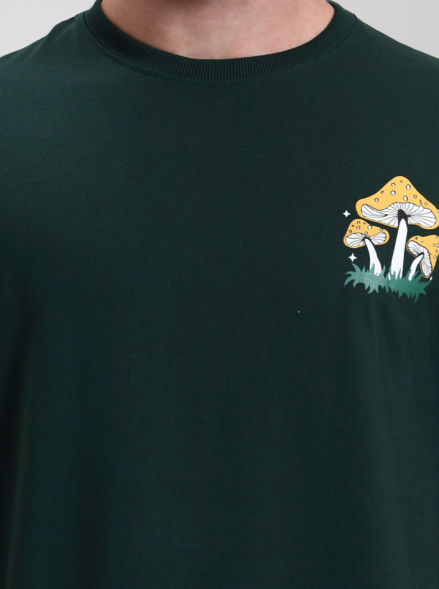 Bottle Green Printed Oversize Fit T-Shirt | Greenfibre