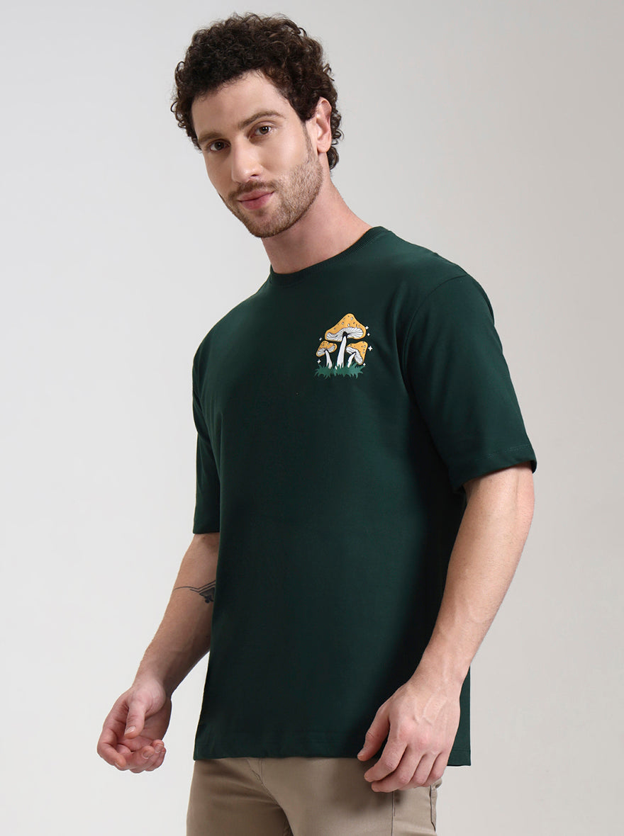 Bottle Green Printed Oversize Fit T-Shirt | Greenfibre
