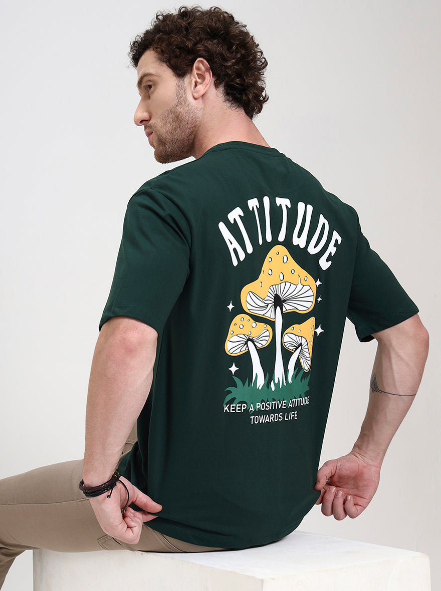 Bottle Green Printed Oversize Fit T-Shirt | Greenfibre