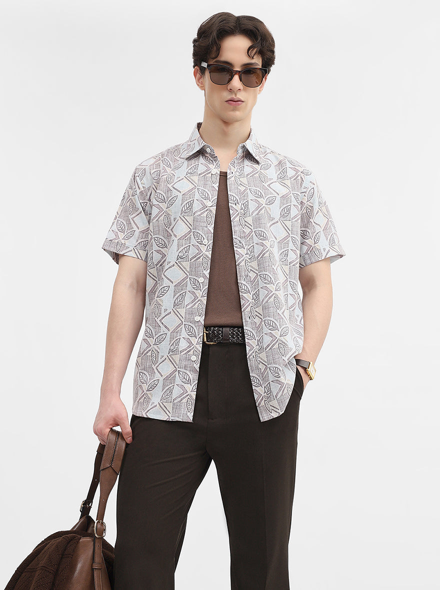 White & Purple Printed Slim Fit Casual Shirt | Greenfibre