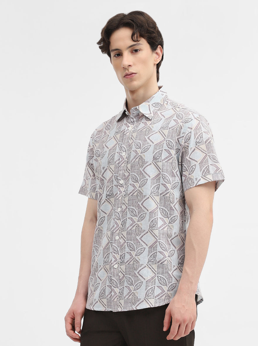 White & Purple Printed Slim Fit Casual Shirt | Greenfibre