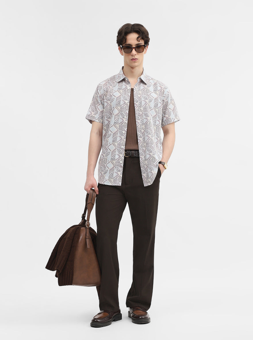 White & Purple Printed Slim Fit Casual Shirt | Greenfibre