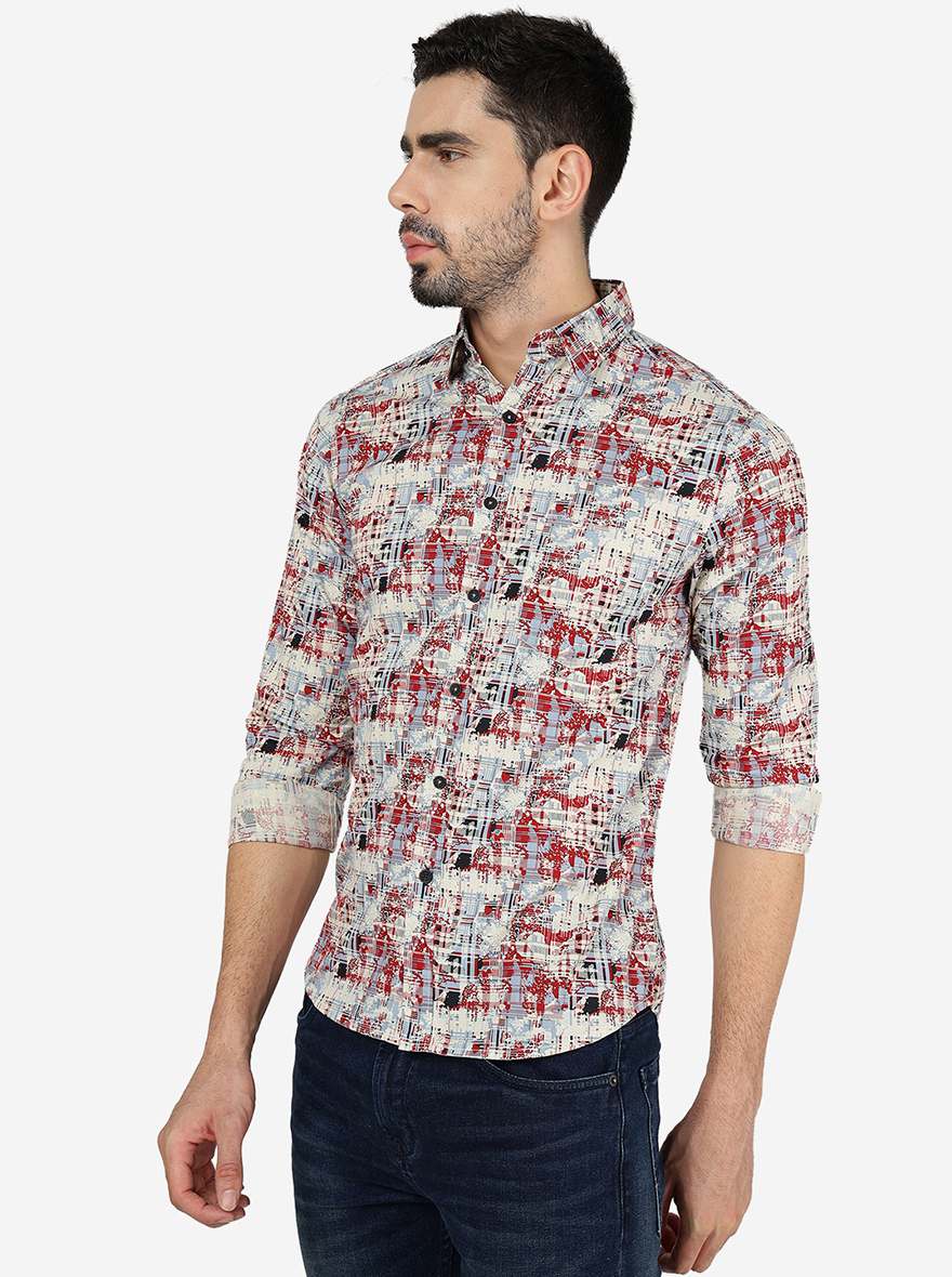 Red Printed Slim Fit Casual Shirt | Greenfibre