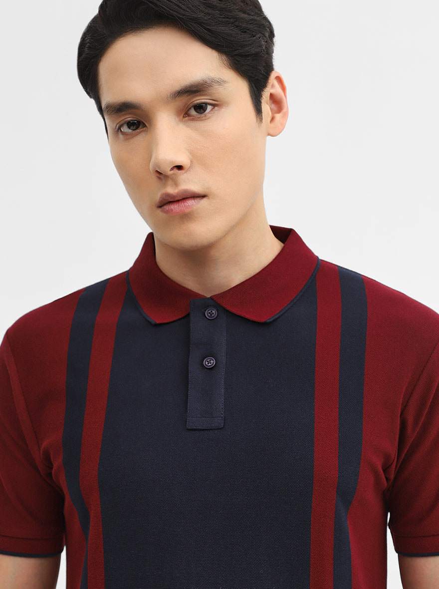 Navy & Maroon Striped Slim Fit Polo T-Shirt | Greenfibre