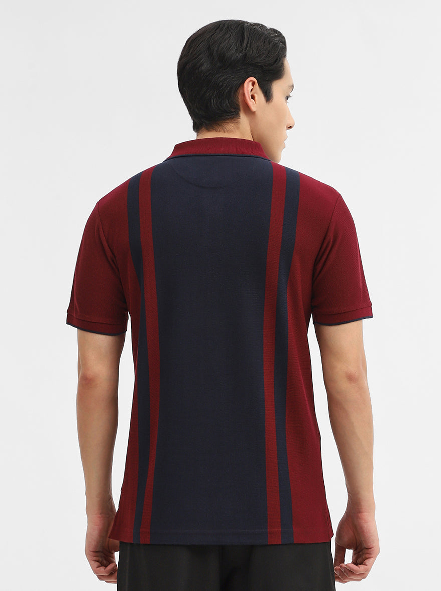 Navy & Maroon Striped Slim Fit Polo T-Shirt | Greenfibre