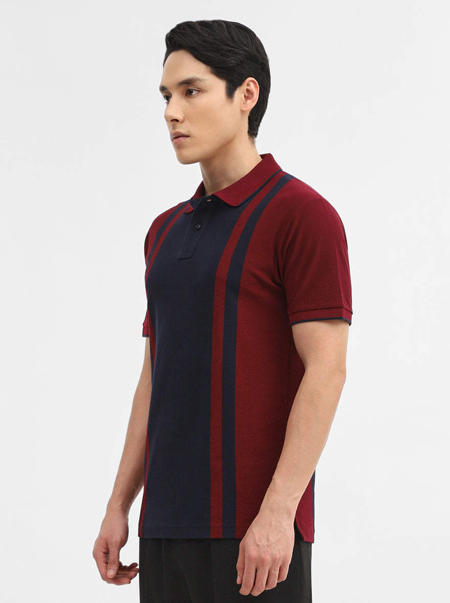 Navy & Maroon Striped Slim Fit Polo T-Shirt | Greenfibre