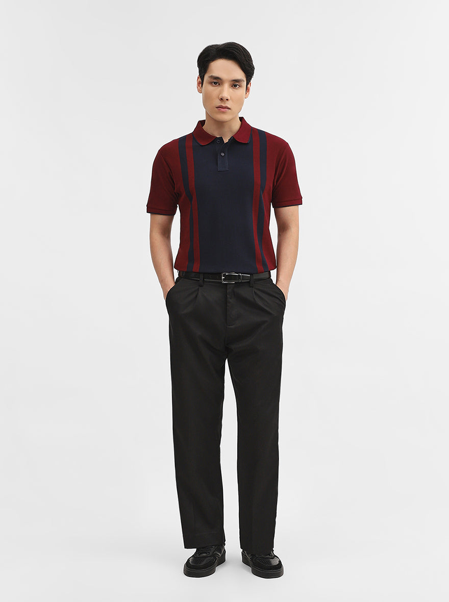 Navy & Maroon Striped Slim Fit Polo T-Shirt | Greenfibre