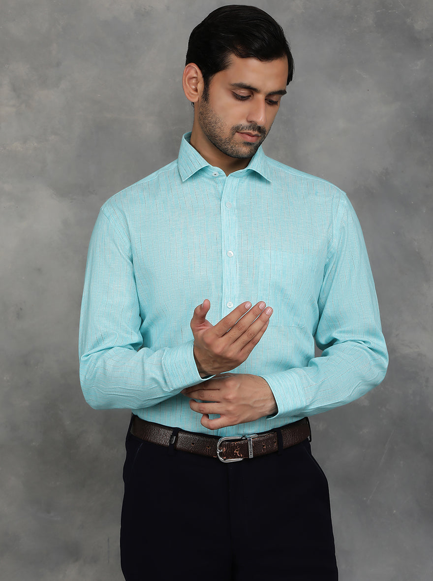 Light Blue Striped Regular Fit Formal Shirt | GreenFibre