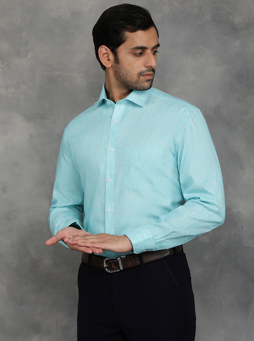 Light Blue Striped Regular Fit Formal Shirt | GreenFibre