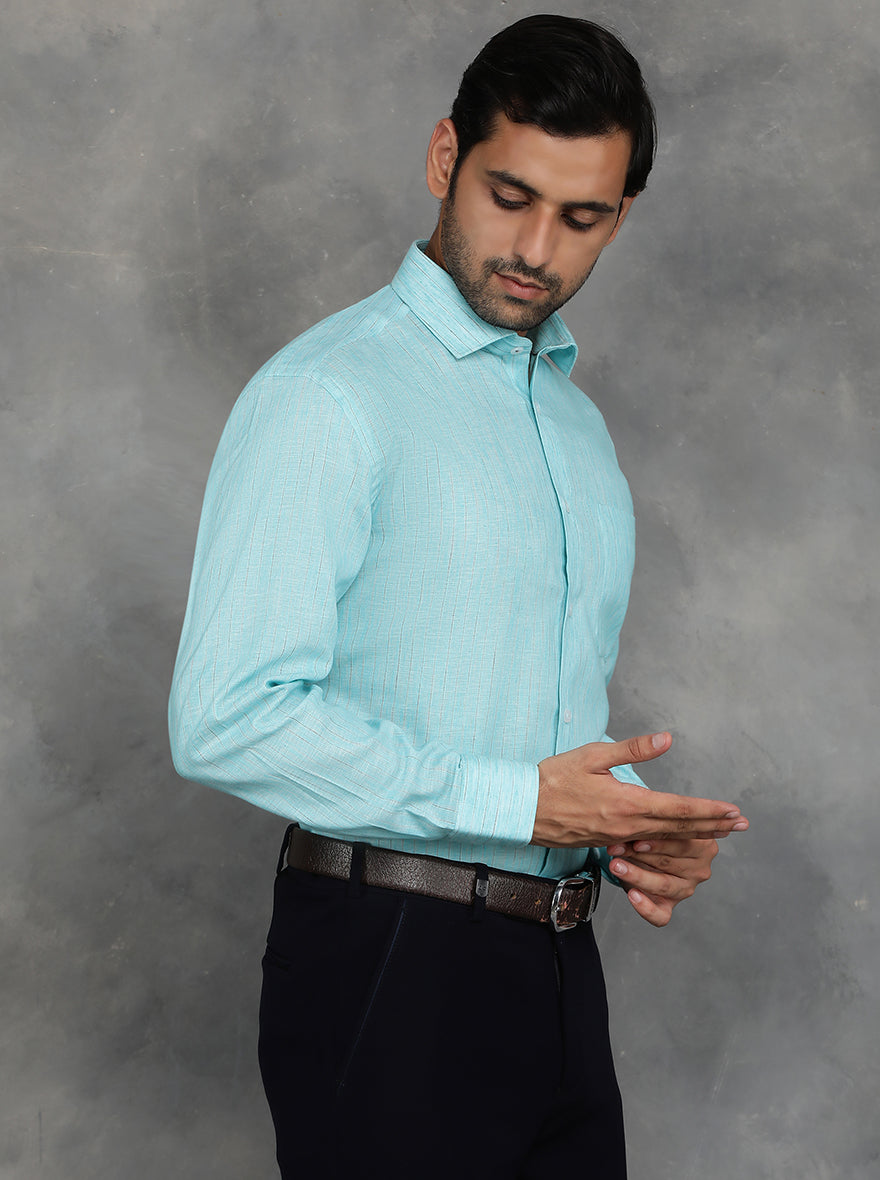 Light Blue Striped Regular Fit Formal Shirt | GreenFibre