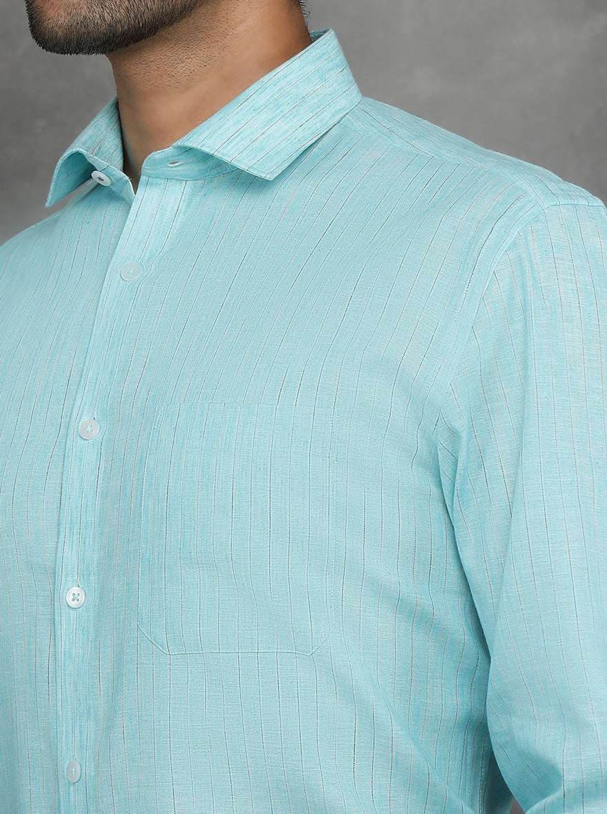 Light Blue Striped Regular Fit Formal Shirt | GreenFibre