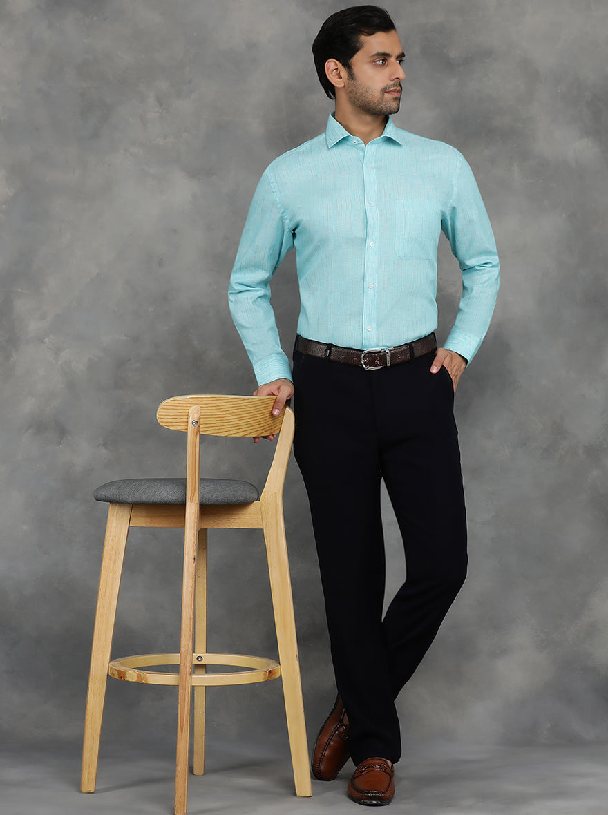 Light Blue Striped Regular Fit Formal Shirt | GreenFibre