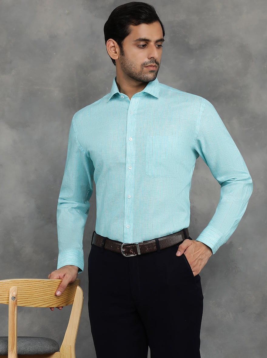 Light Blue Striped Regular Fit Formal Shirt | GreenFibre