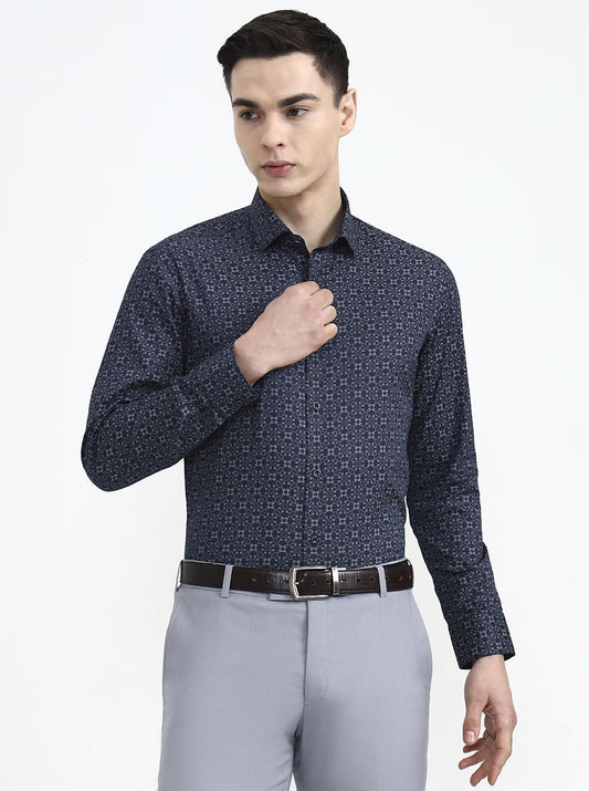 Blue Printed Slim Fit Party Wear Shirt | Greenfibre