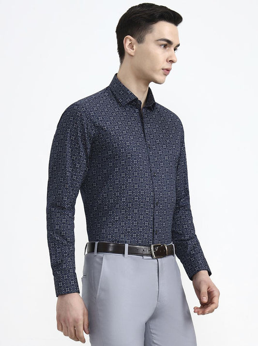 Blue Printed Slim Fit Party Wear Shirt | Greenfibre