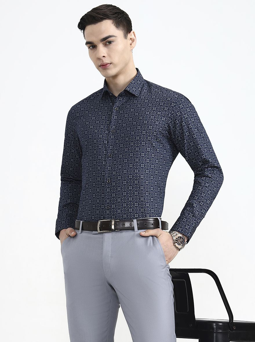 Blue Printed Slim Fit Party Wear Shirt | Greenfibre
