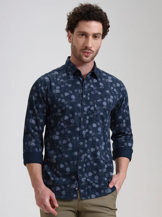 Navy Blue Printed Slim Fit Casual Shirt | Greenfibre
