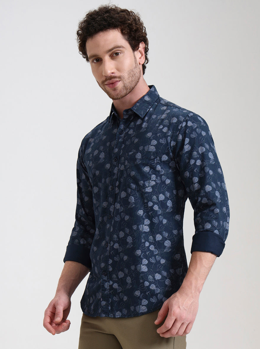 Navy Blue Printed Slim Fit Casual Shirt | Greenfibre