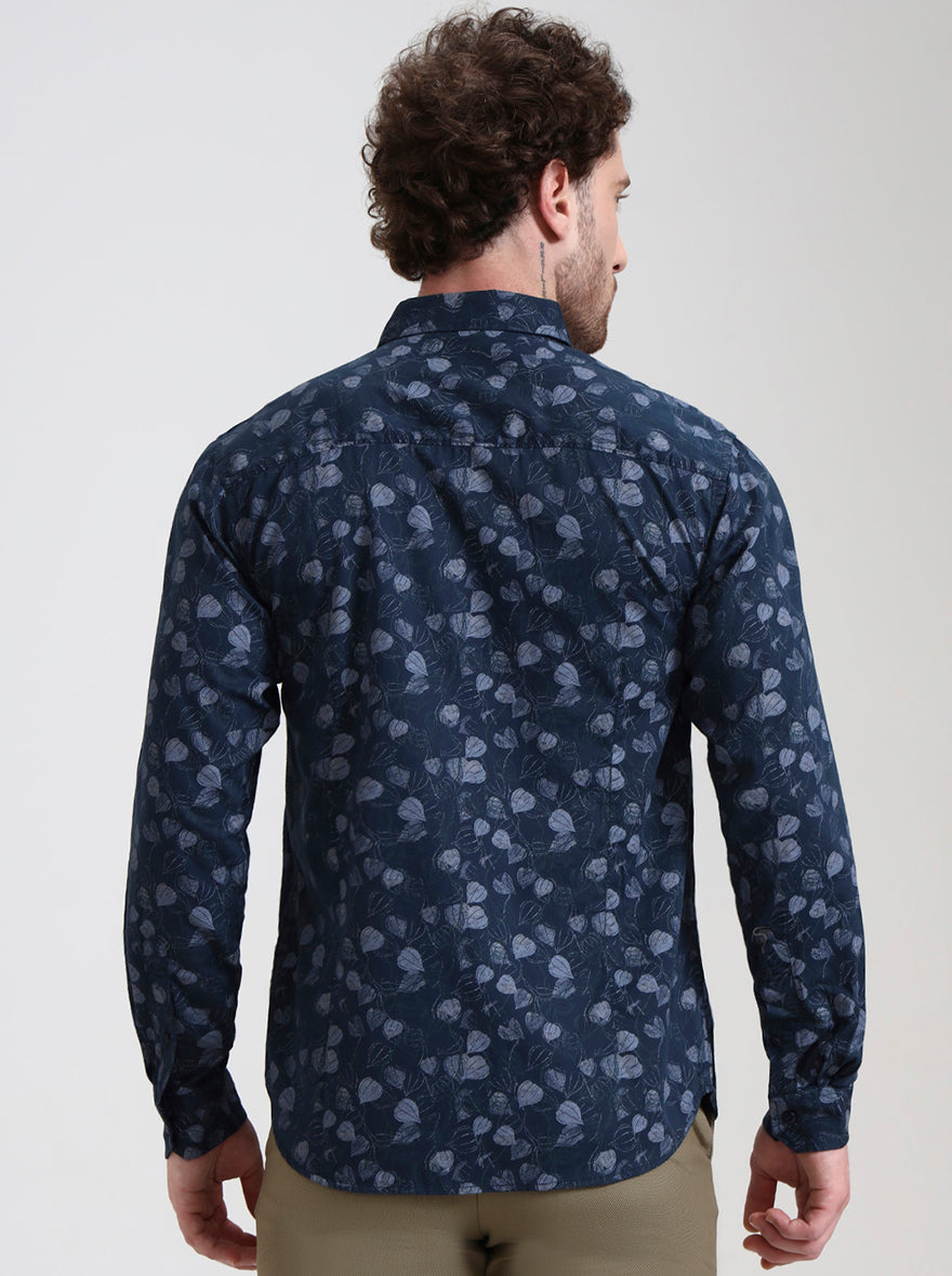 Navy Blue Printed Slim Fit Casual Shirt | Greenfibre