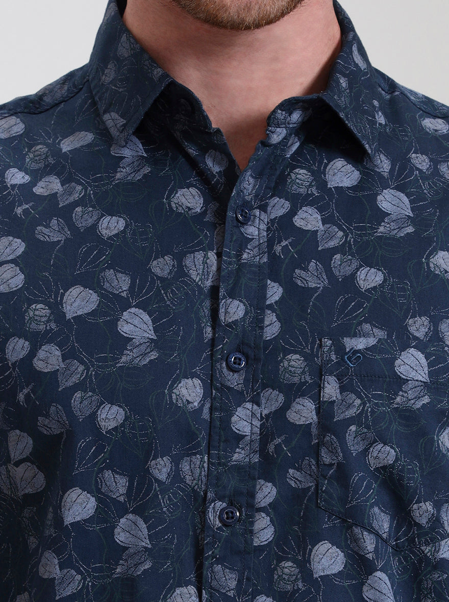 Navy Blue Printed Slim Fit Casual Shirt | Greenfibre