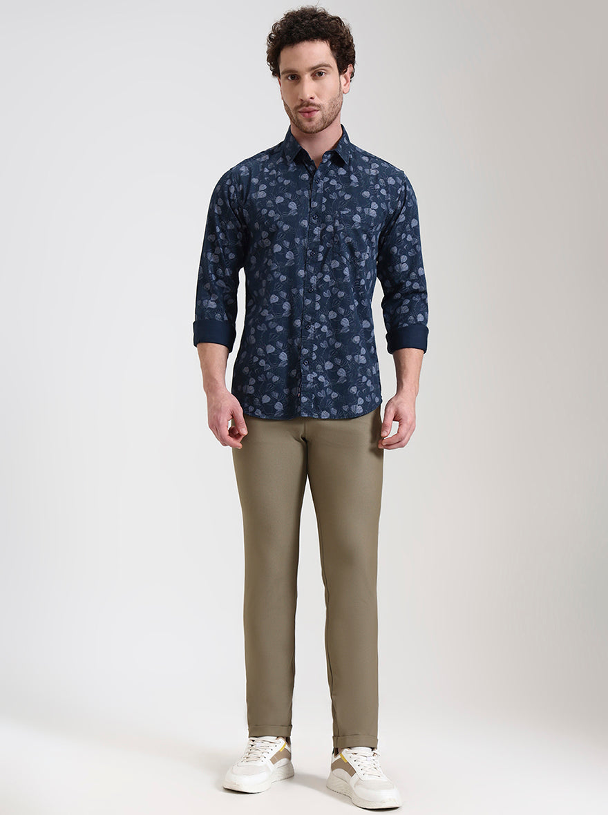 Navy Blue Printed Slim Fit Casual Shirt | Greenfibre