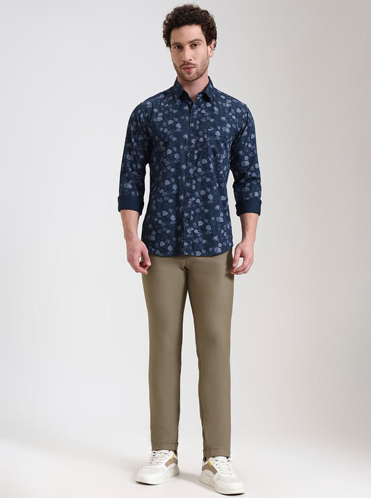 Navy Blue Printed Slim Fit Casual Shirt | Greenfibre