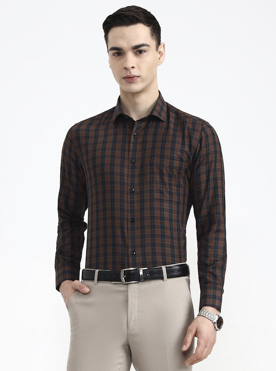 Brown & Blue Checked Slim Fit Formal Shirt | Greenfibre