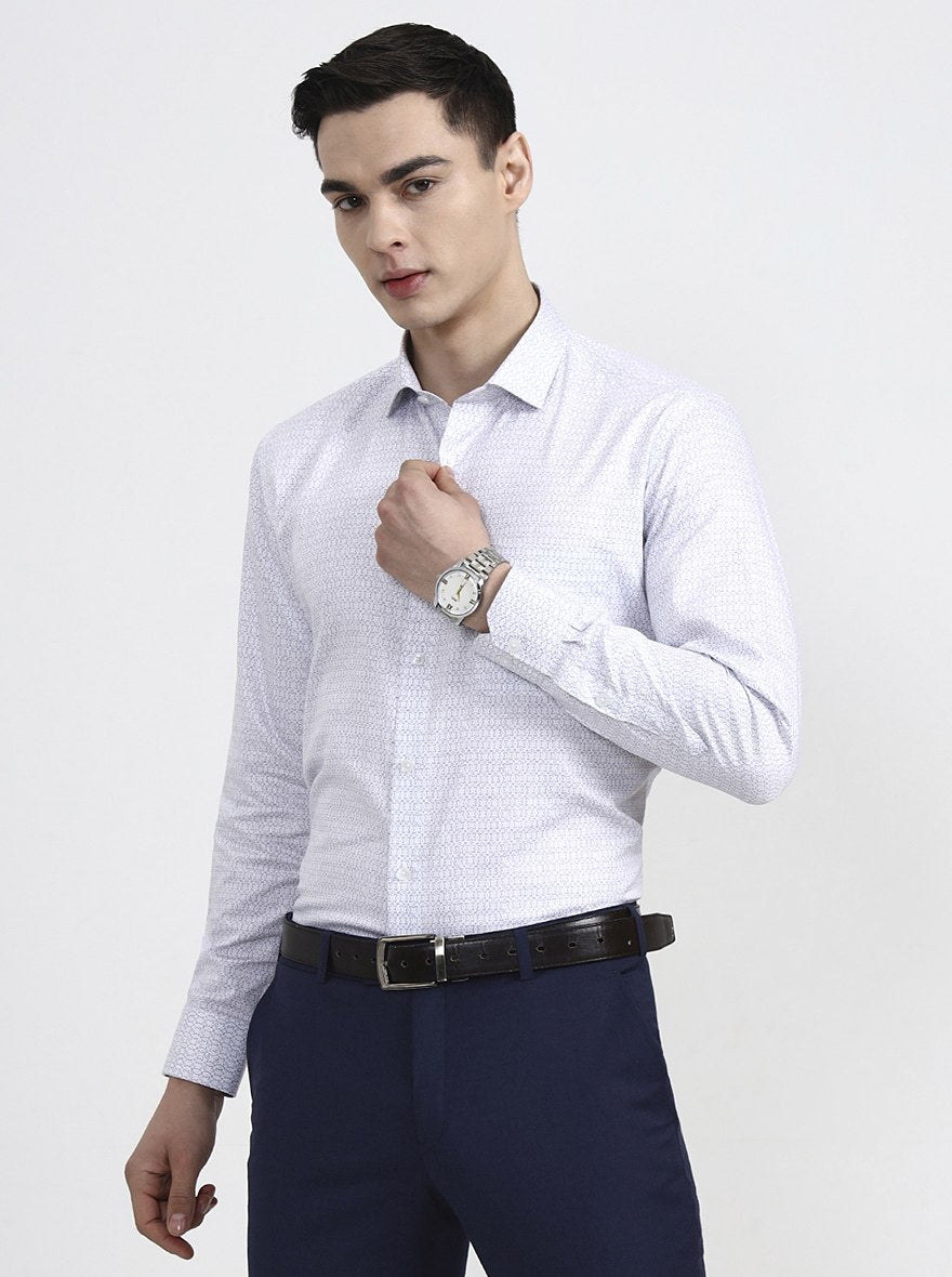 White & Blue Printed Slim Fit Formal Shirt | Greenfibre