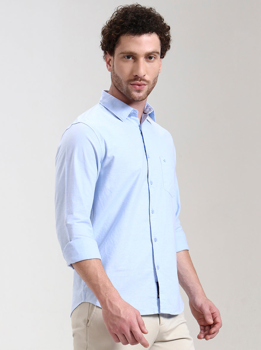 Blue Solid Slim Fit Casual Shirt | Greenfibre