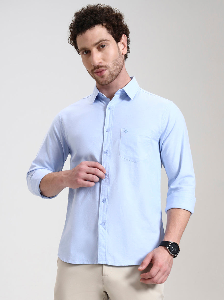 Blue Solid Slim Fit Casual Shirt | Greenfibre