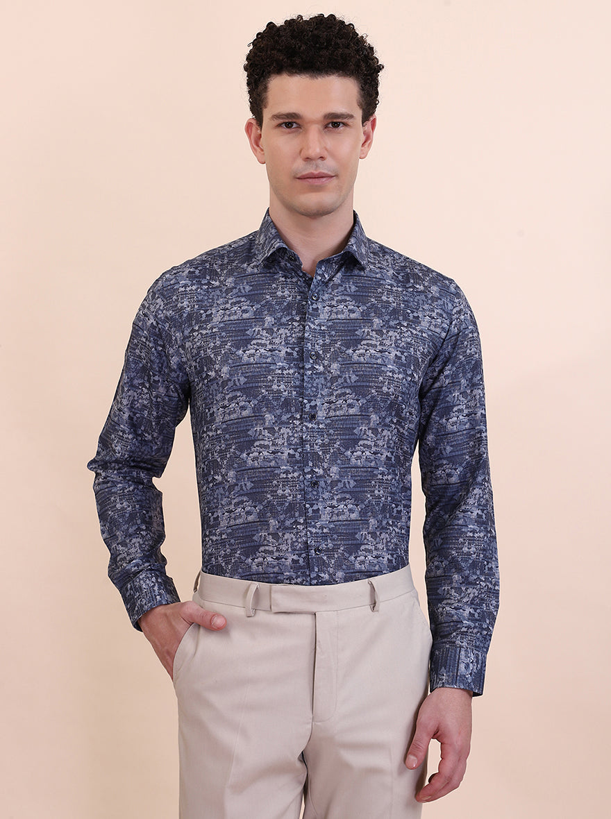 Blue Printed Slim Fit Party Wear Shirt | Greenfibre