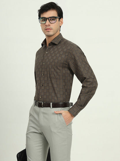 Brown & Blue Checked Regular Fit Formal Shirt | Greenfire