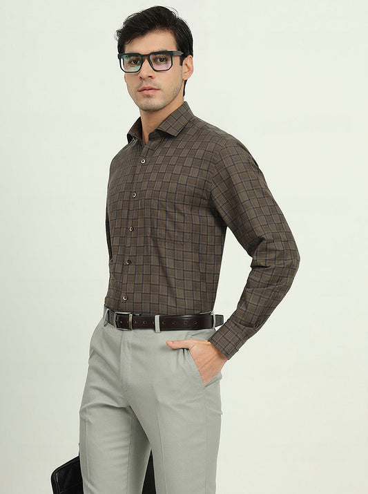 Brown & Blue Checked Regular Fit Formal Shirt | Greenfire