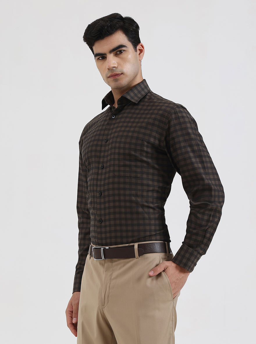 Olive Brown Checked Regular Fit Formal Shirt | Greenfibre