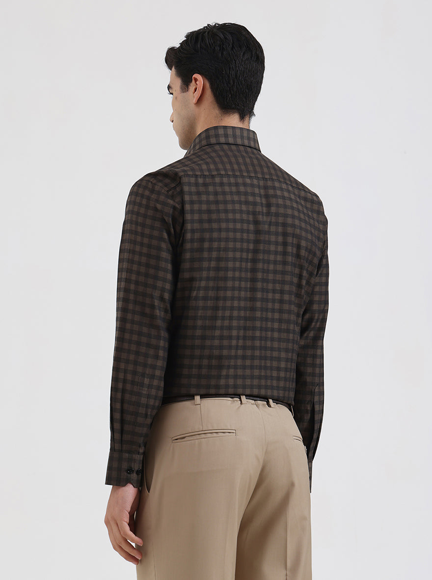 Olive Brown Checked Regular Fit Formal Shirt | Greenfibre