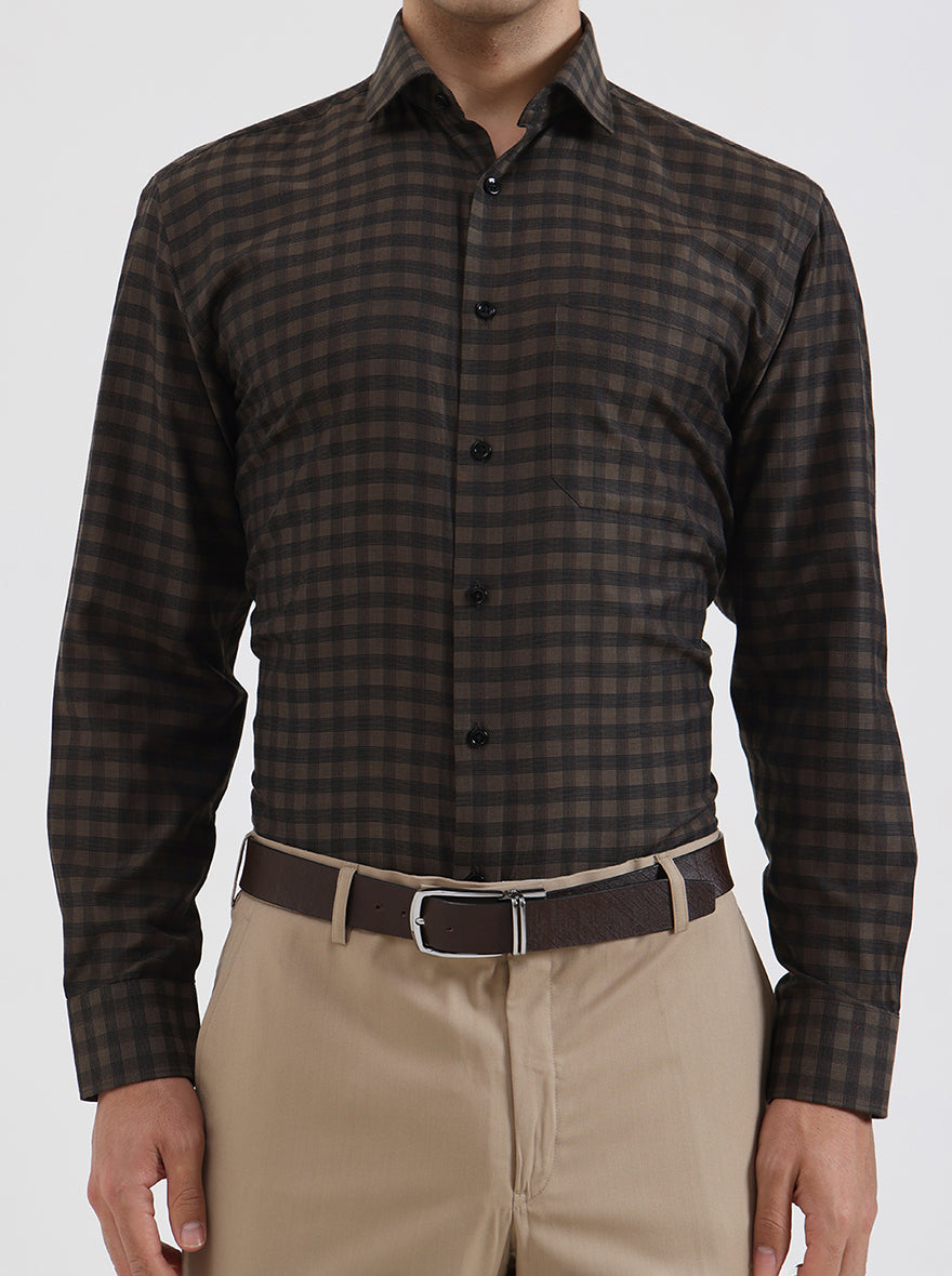 Olive Brown Checked Regular Fit Formal Shirt | Greenfibre