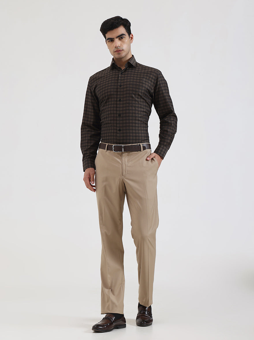 Olive Brown Checked Regular Fit Formal Shirt | Greenfibre