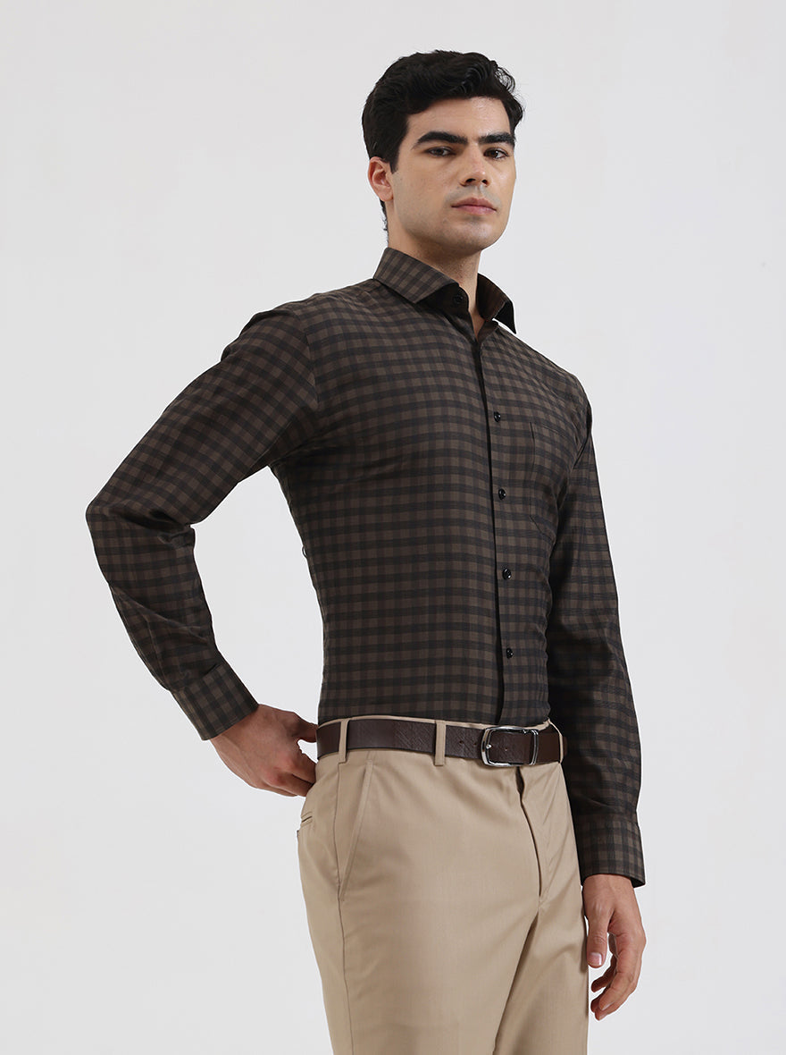 Olive Brown Checked Regular Fit Formal Shirt | Greenfibre