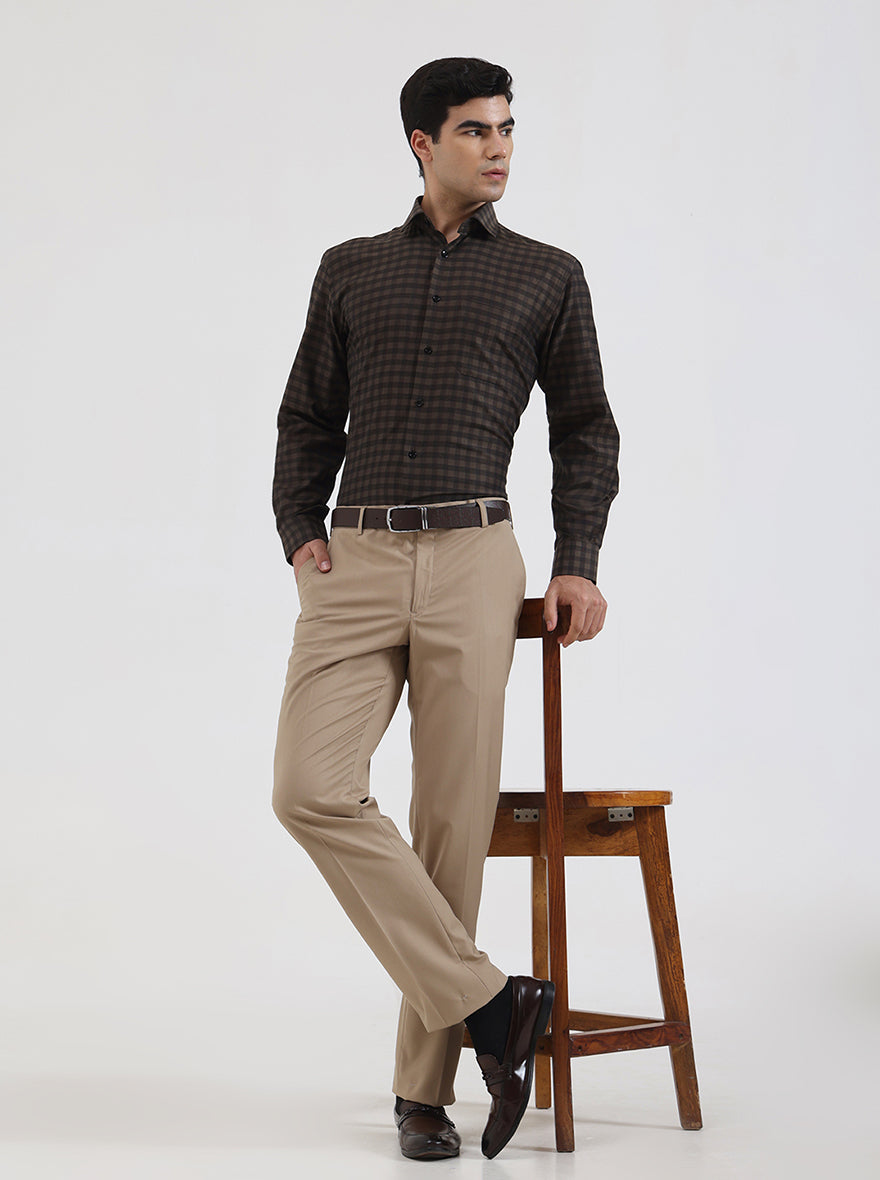 Olive Brown Checked Regular Fit Formal Shirt | Greenfibre