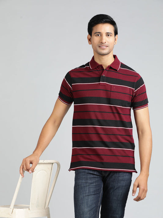 Maroon Striped Regular Fit Polo T-Shirt | Greenfibre