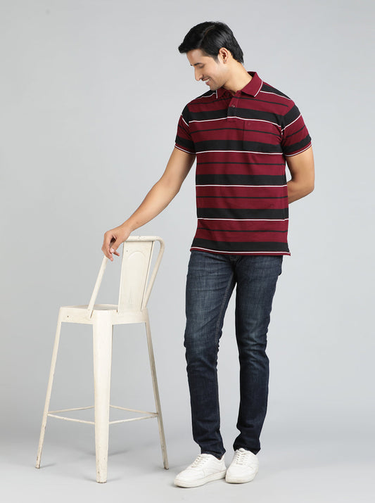 Maroon Striped Regular Fit Polo T-Shirt | Greenfibre