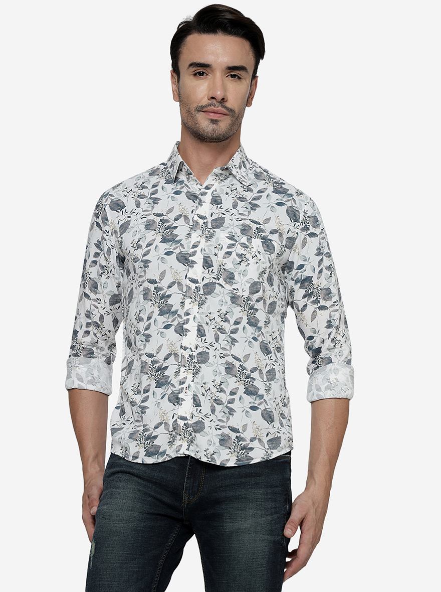 White Printed Slim Fit Casual Shirt | Greenfibre