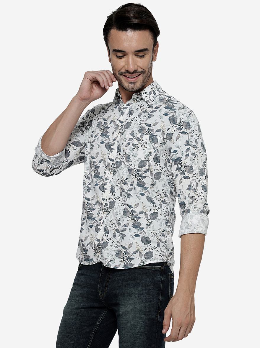 White Printed Slim Fit Casual Shirt | Greenfibre