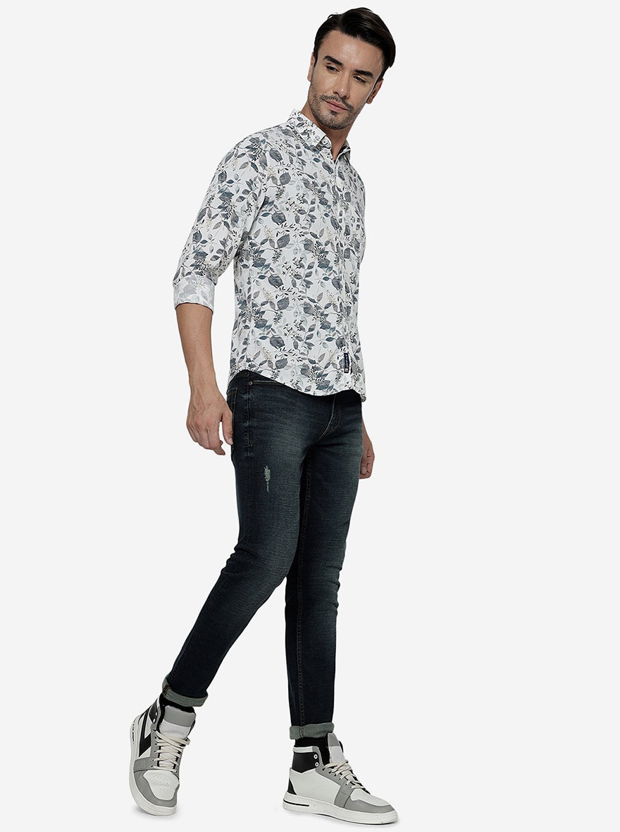 White Printed Slim Fit Casual Shirt | Greenfibre