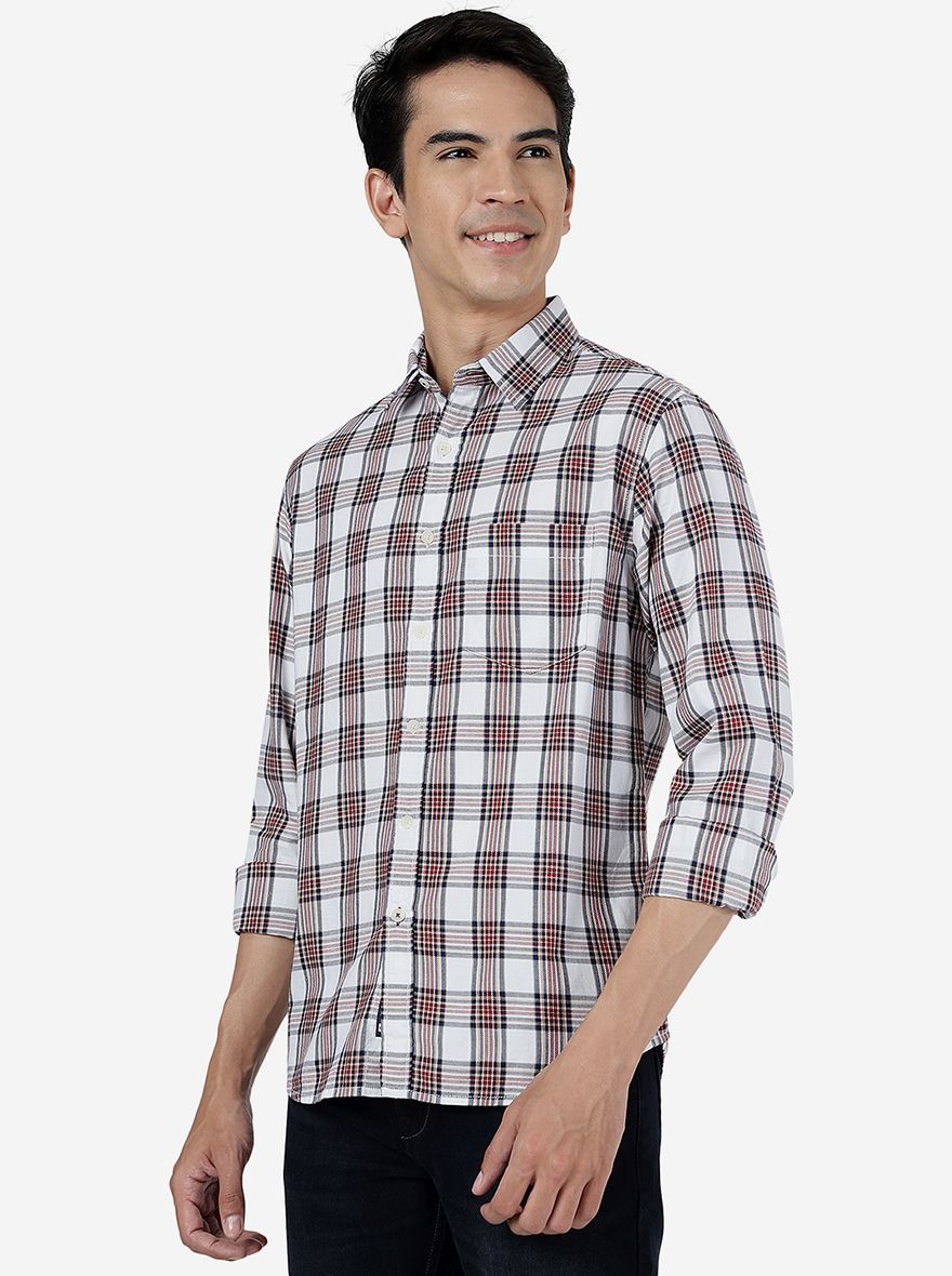 Aurora Red Checked Slim Fit Casual Shirt | Greenfibre