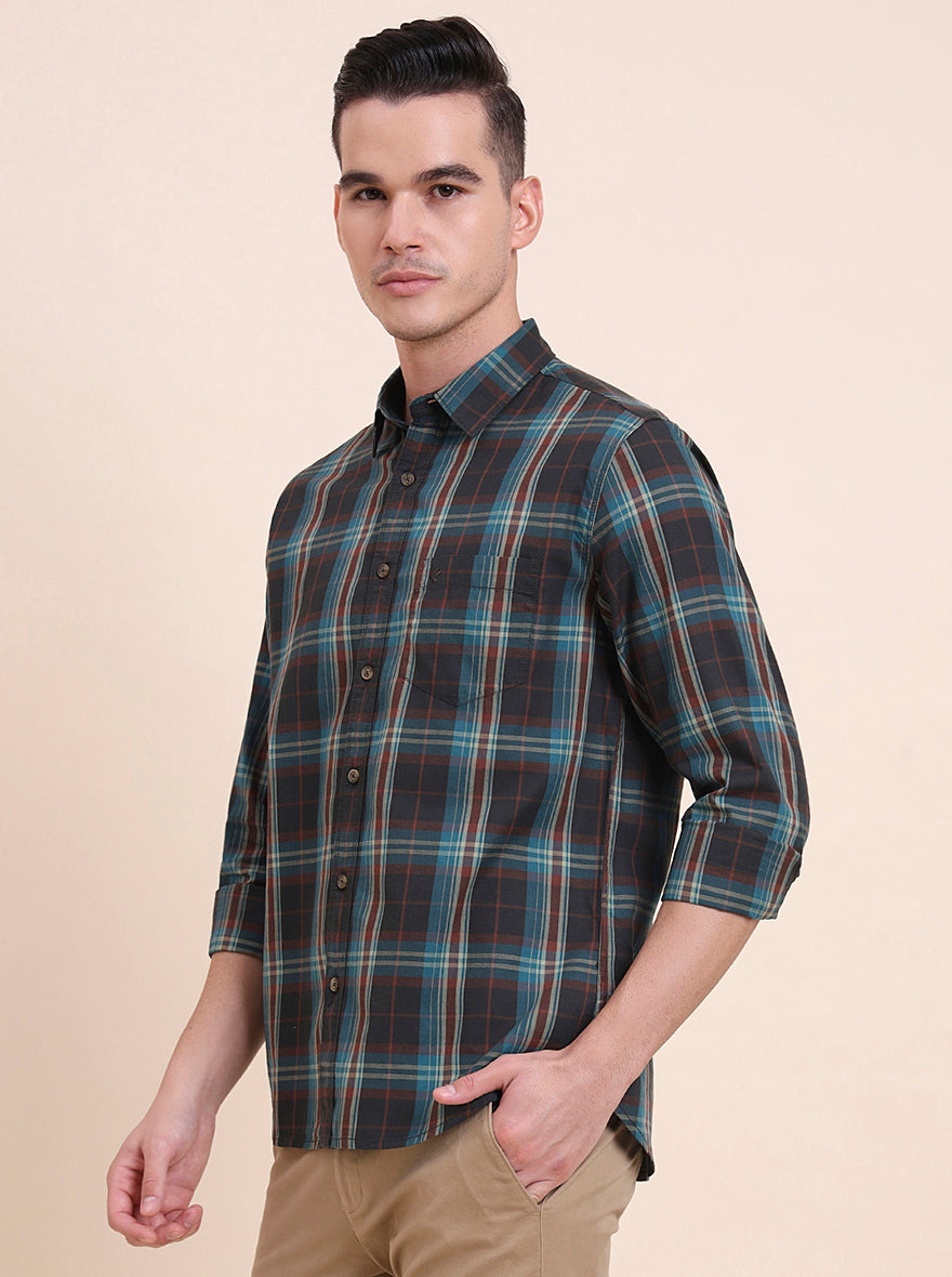 Green Checked Slim Fit Casual Shirt | Greenfibre