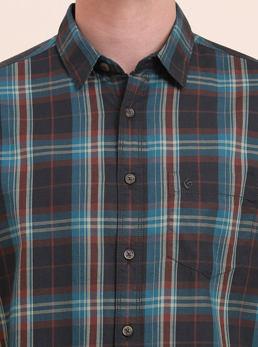 Green Checked Slim Fit Casual Shirt | Greenfibre