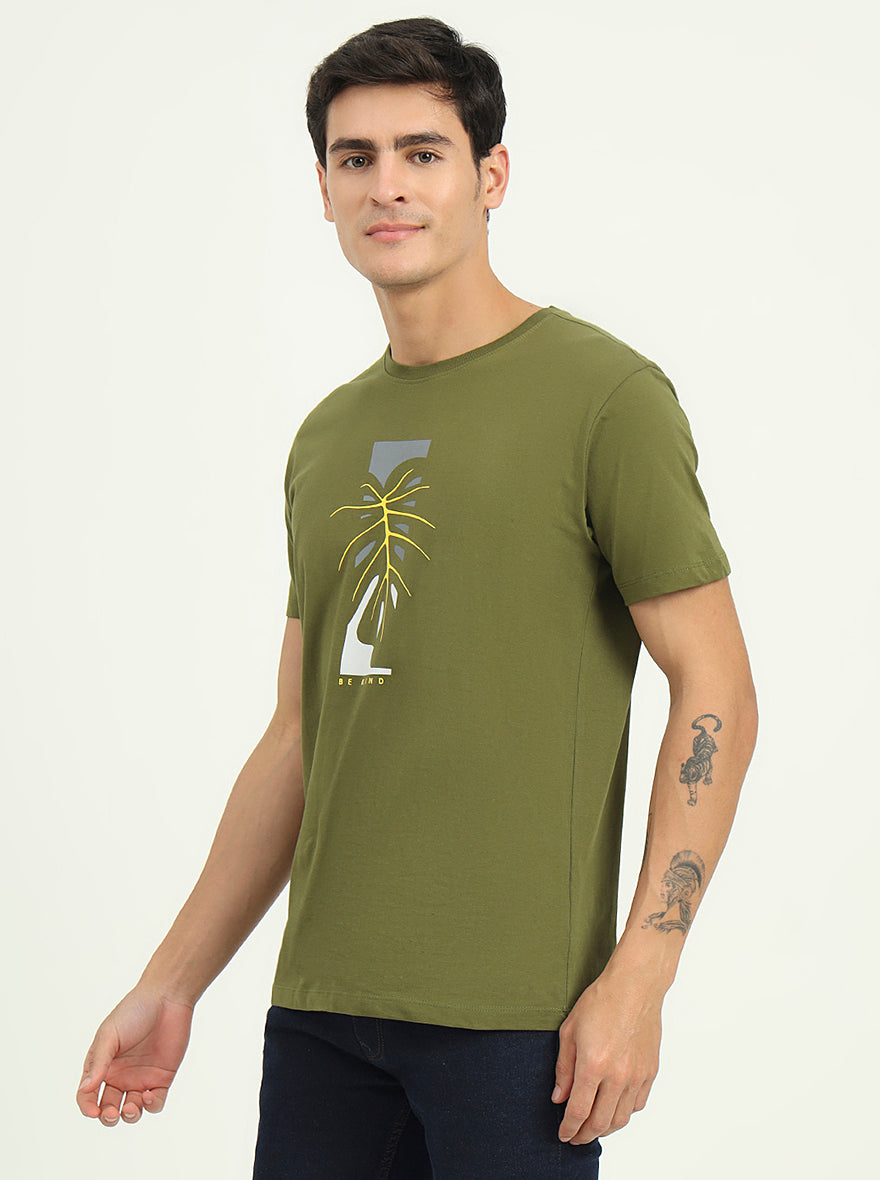 Olive Green Printed Slim Fit T-Shirt | Greenfibre